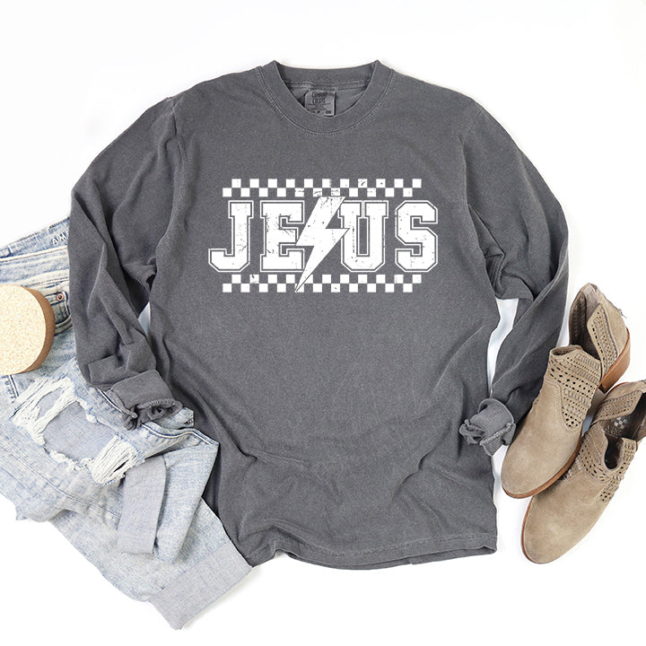 Jesus Checkered Bolt | Garment Dyed Long Sleeve