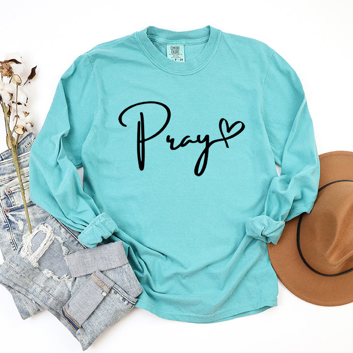 Pray Cursive Heart | Garment Dyed Long Sleeve