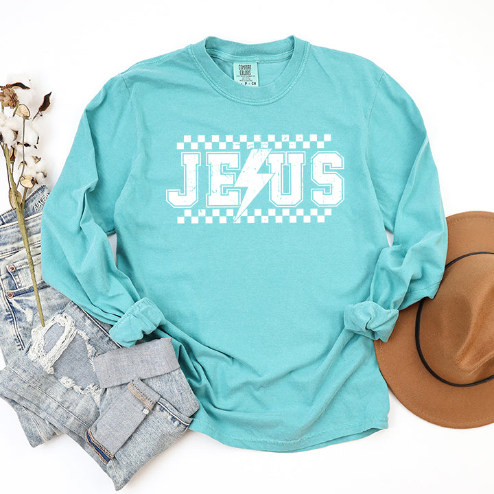 Jesus Checkered Bolt | Garment Dyed Long Sleeve