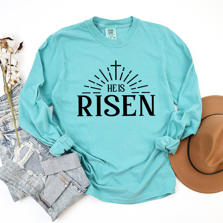 He Is Risen Cross In Sun Ray | Garment Dyed Long Sleeve