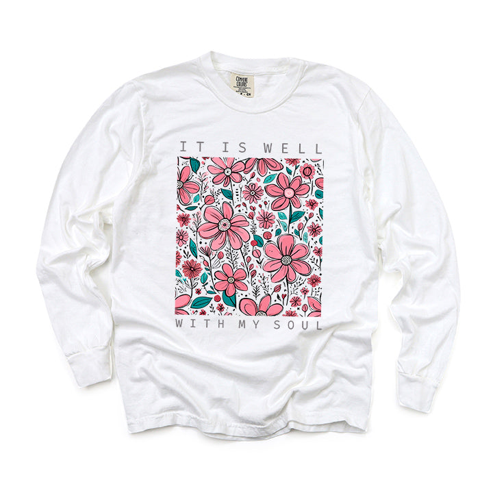 It Is Well Pink Flowers | Garment Dyed Long Sleeve