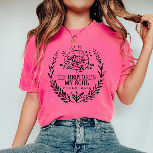 He Restores My Soul Distressed | Garment Dyed Tee