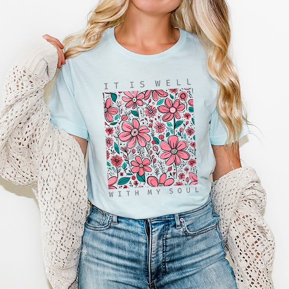 It Is Well Pink Flowers | Short Sleeve Crew Neck