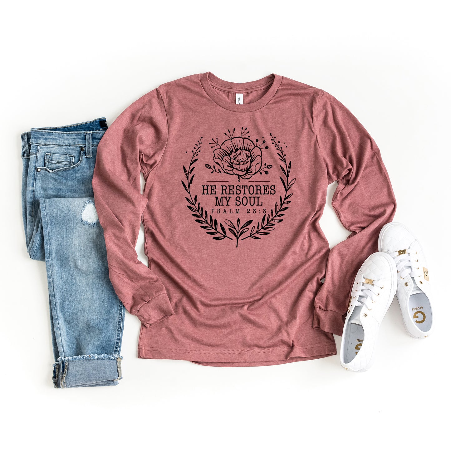 He Restores My Soul Distressed | Long Sleeve Crew Neck