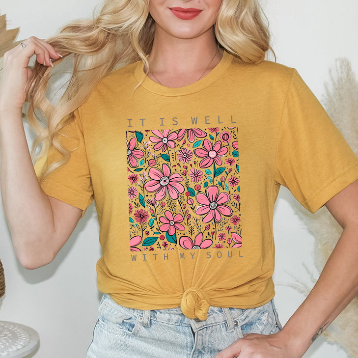 It Is Well Pink Flowers | Short Sleeve Crew Neck