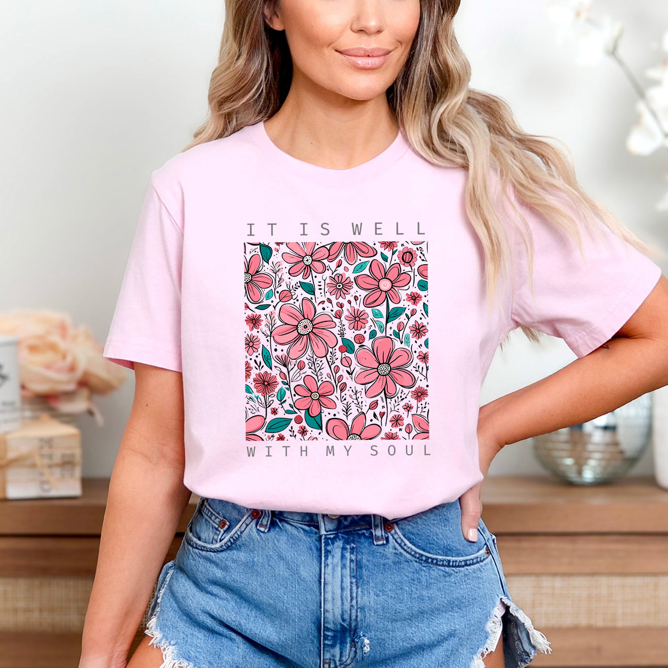 It Is Well Pink Flowers | Short Sleeve Crew Neck