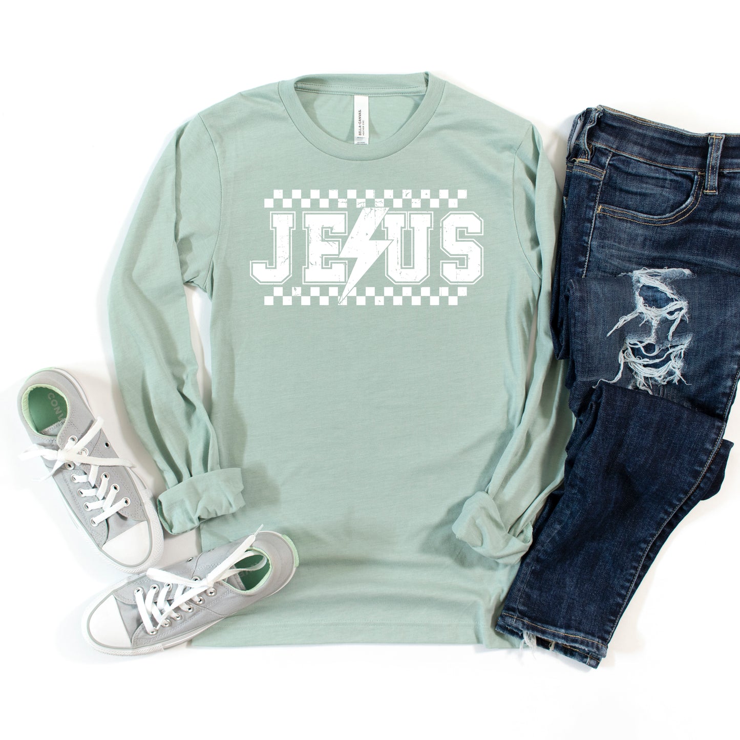 Jesus Checkered Bolt | Long Sleeve Crew Neck