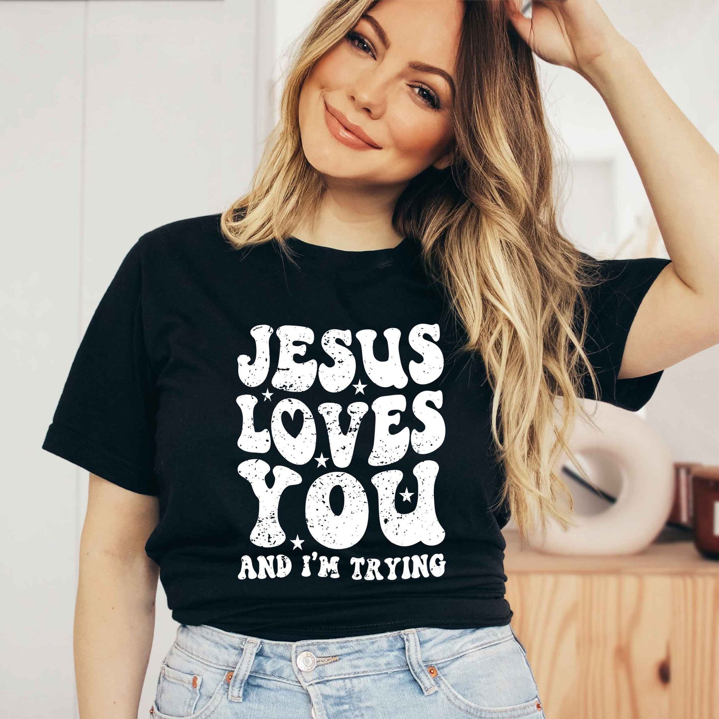 Jesus Loves I'm Trying Wavy | Short Sleeve Crew Neck