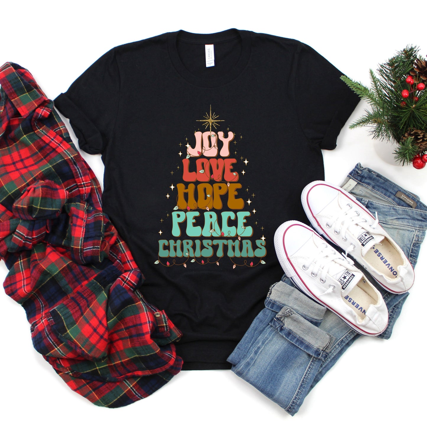 Joy Love Hope Peace Christmas Tree | Short Sleeve Crew Neck
