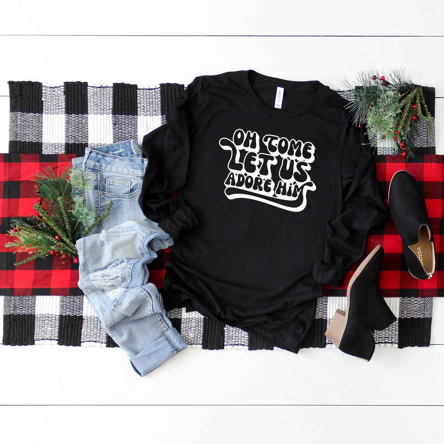 Oh Come Let Us Adore Him Retro | Long Sleeve Crew Neck