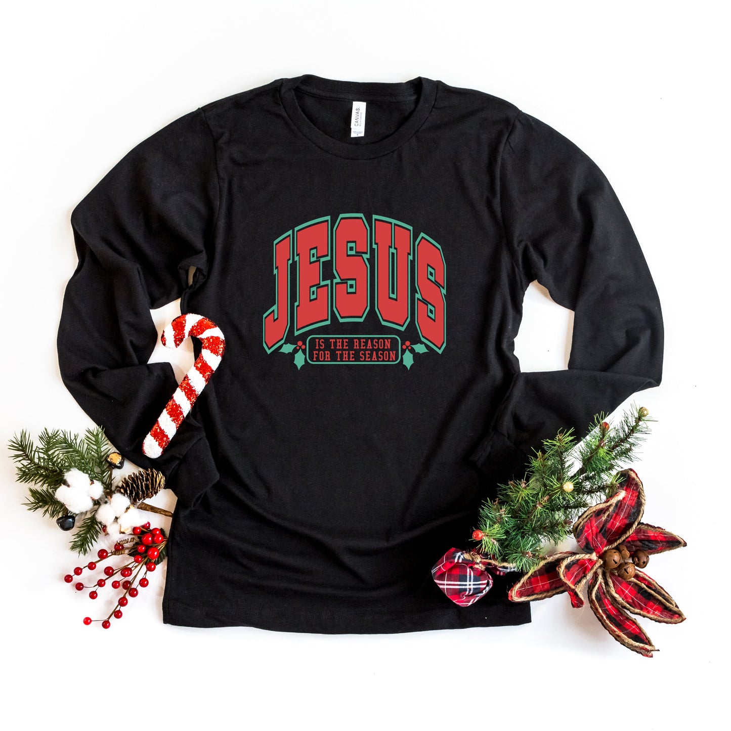 Red and Green Jesus Is The Reason | Long Sleeve Crew Neck