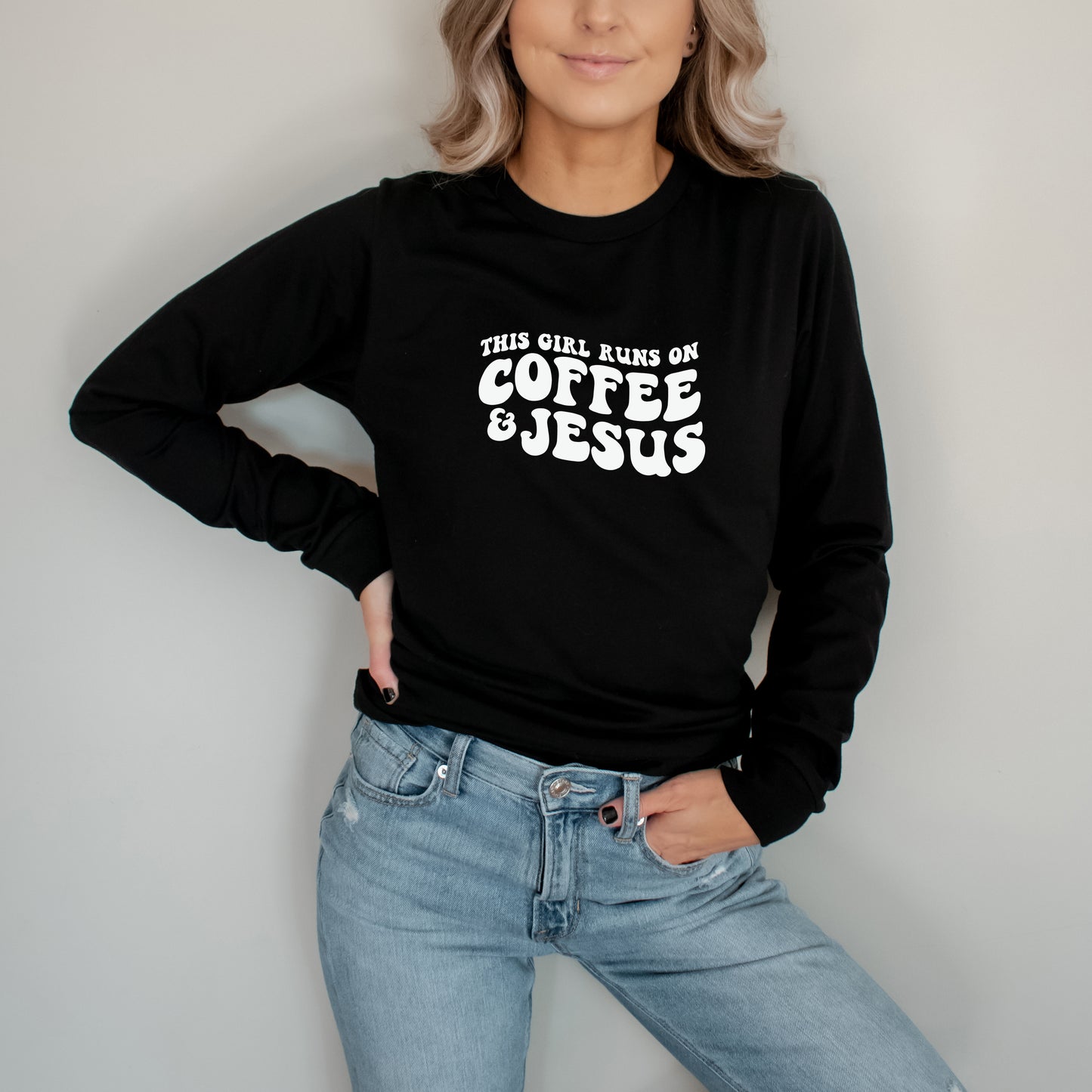 This Girl Runs On Coffee And Jesus | Long Sleeve Crew Neck