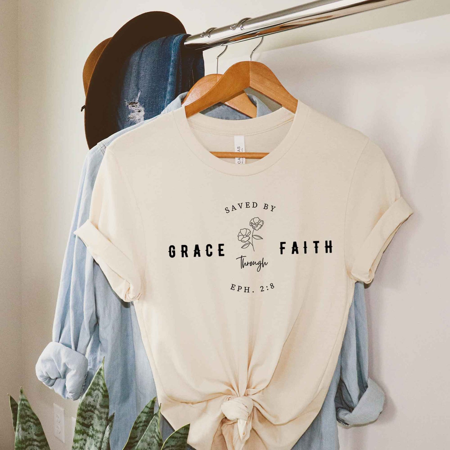 Saved By Grace Through Faith Flower | Short Sleeve Crew Neck