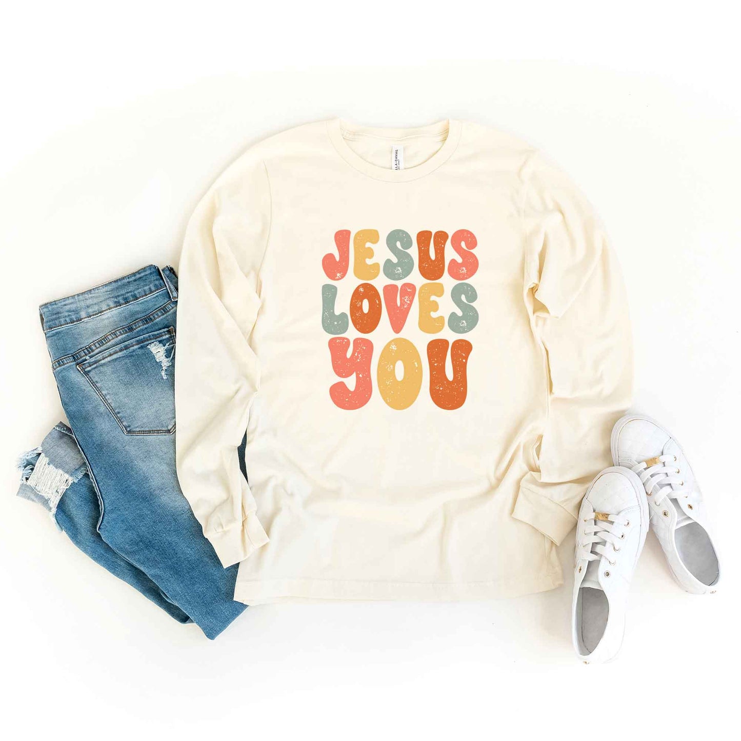 Jesus Loves You Colorful | Long Sleeve Crew Neck
