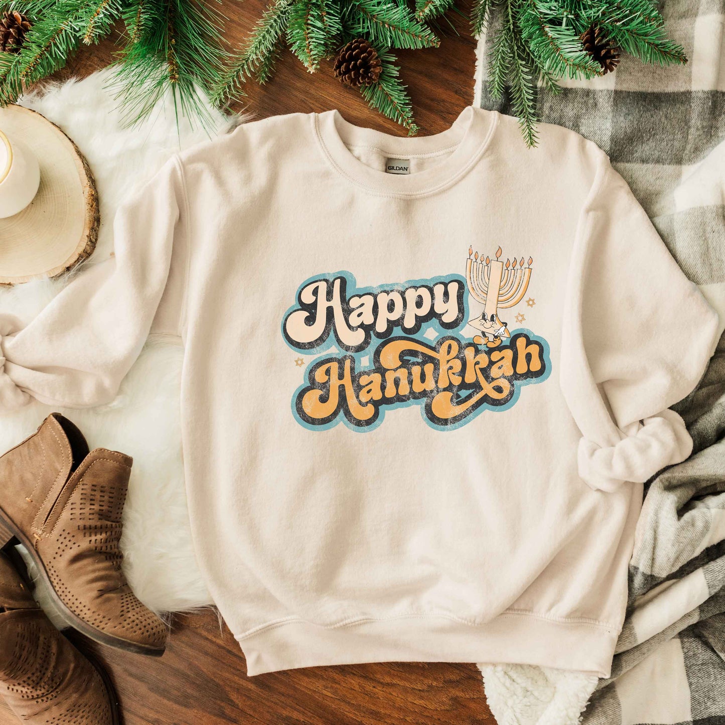 Retro Happy Hanukkah Distressed | Sweatshirt