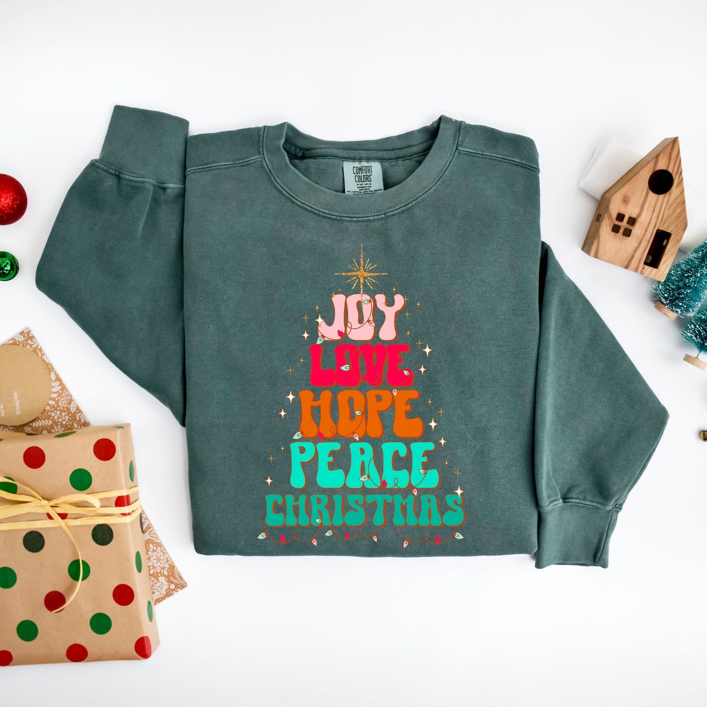 Joy Love Hope Peace Christmas Tree | Garment Dyed Sweatshirt