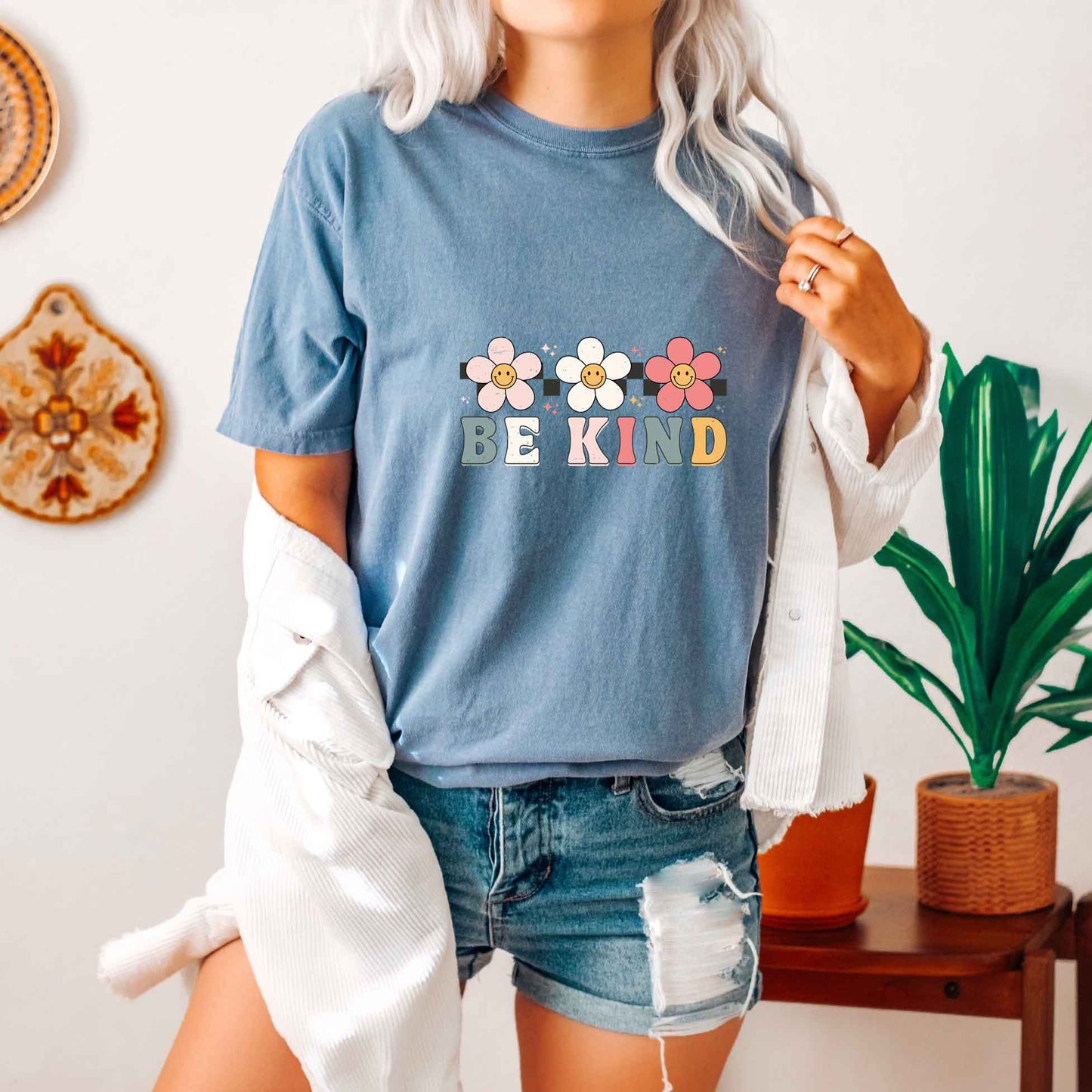 Be Kind Checkered Flowers | Garment Dyed Tee