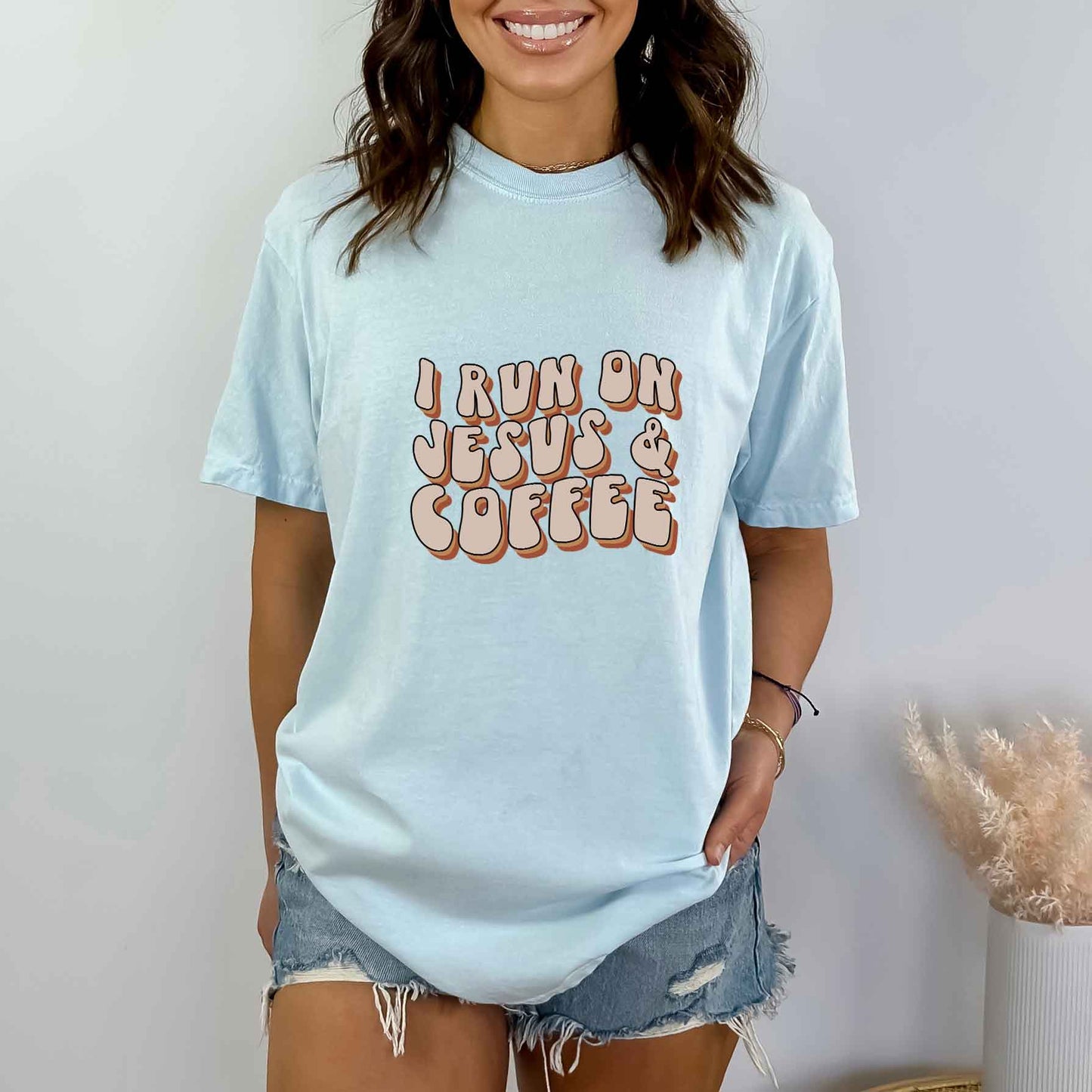 I Run On Jesus and Coffee Retro | Garment Dyed Tee