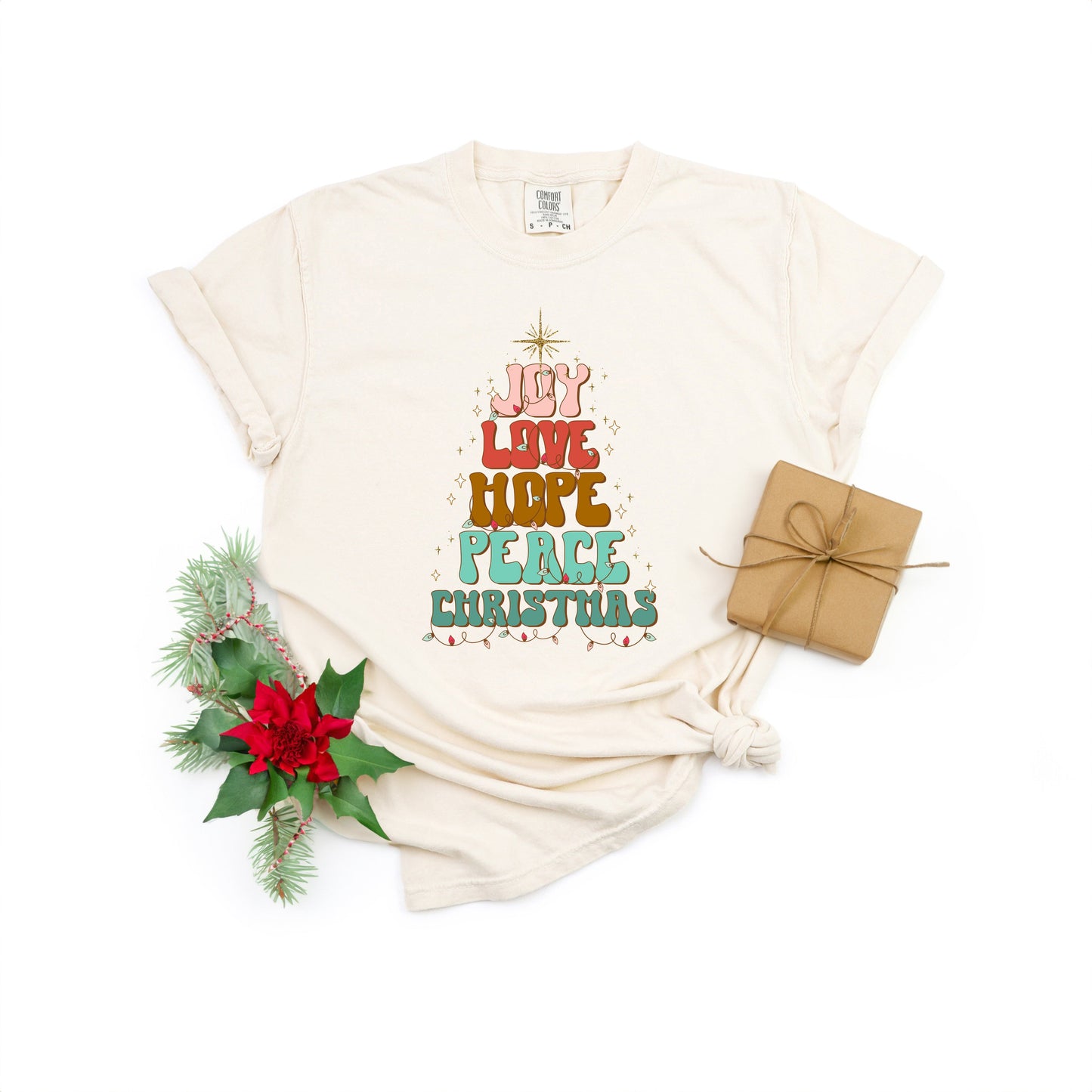 Joy Love Hope Peace Christmas Tree | Garment Dyed Tee