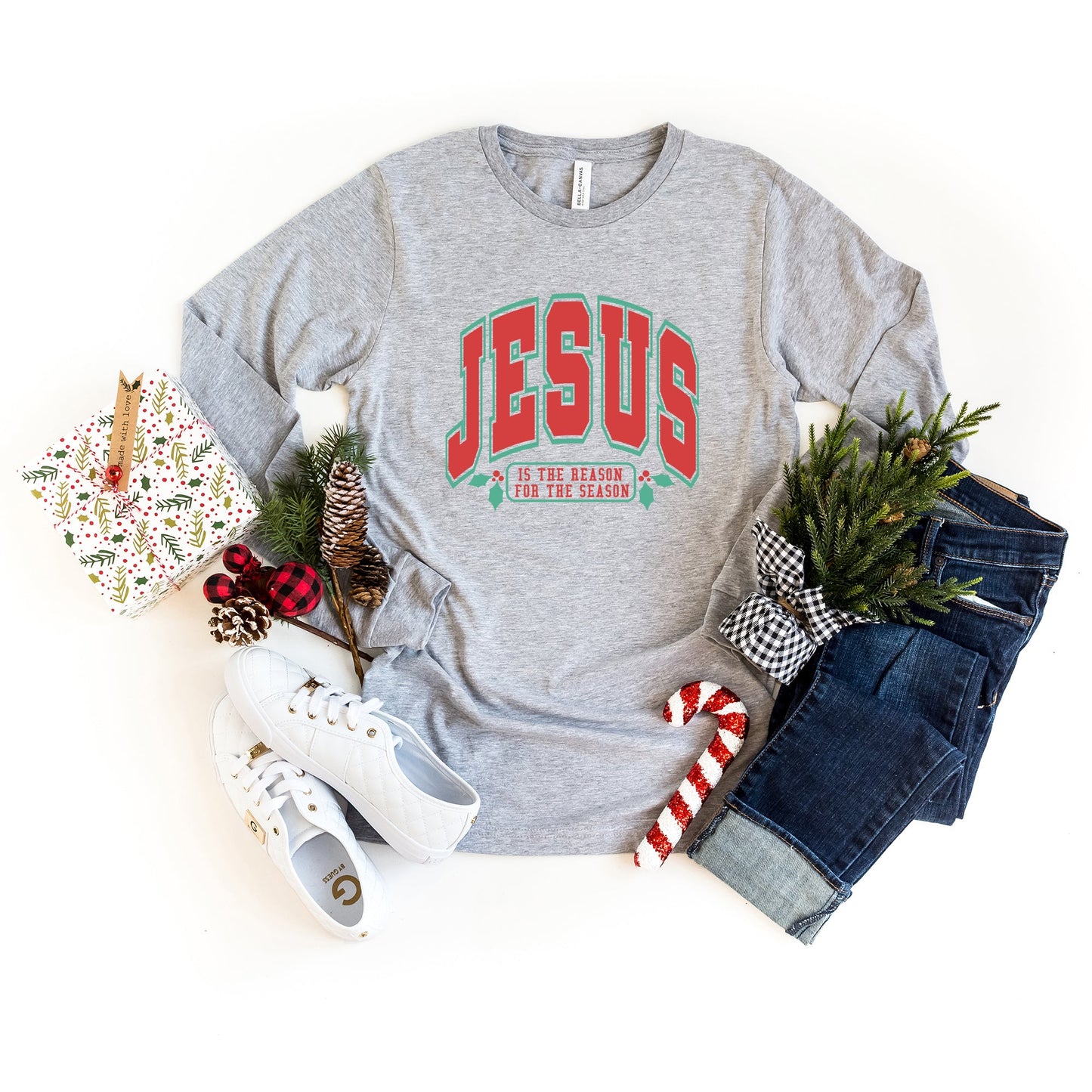 Red and Green Jesus Is The Reason | Long Sleeve Crew Neck
