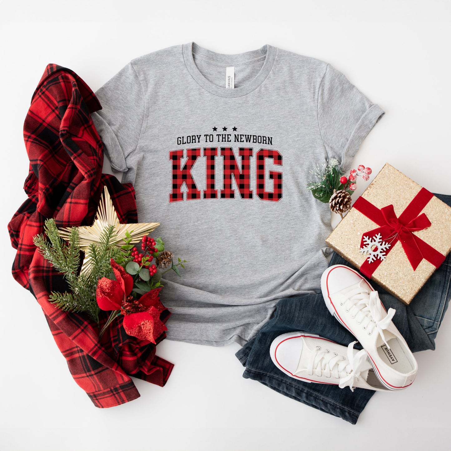 Glory To The Newborn King Plaid | Short Sleeve Crew Neck