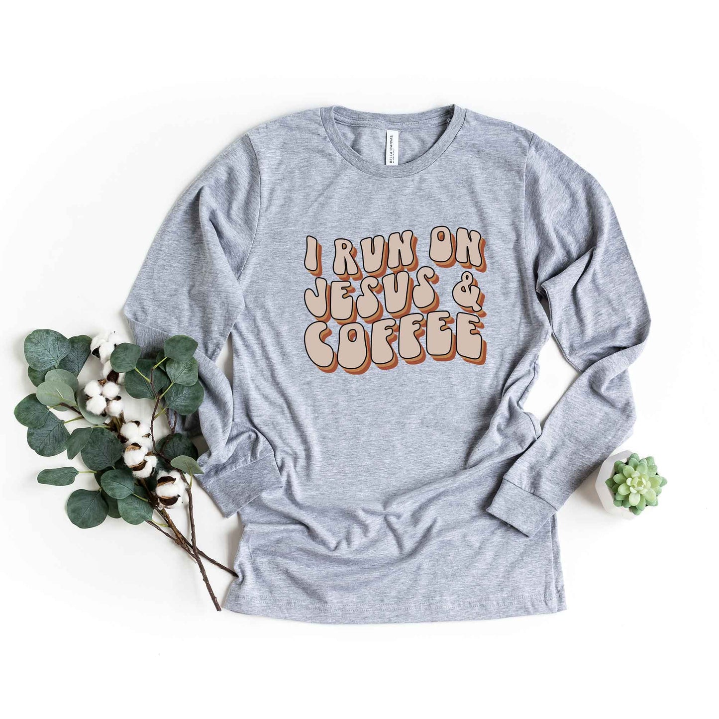 I Run On Coffee And Jesus Retro | Long Sleeve Crew Neck