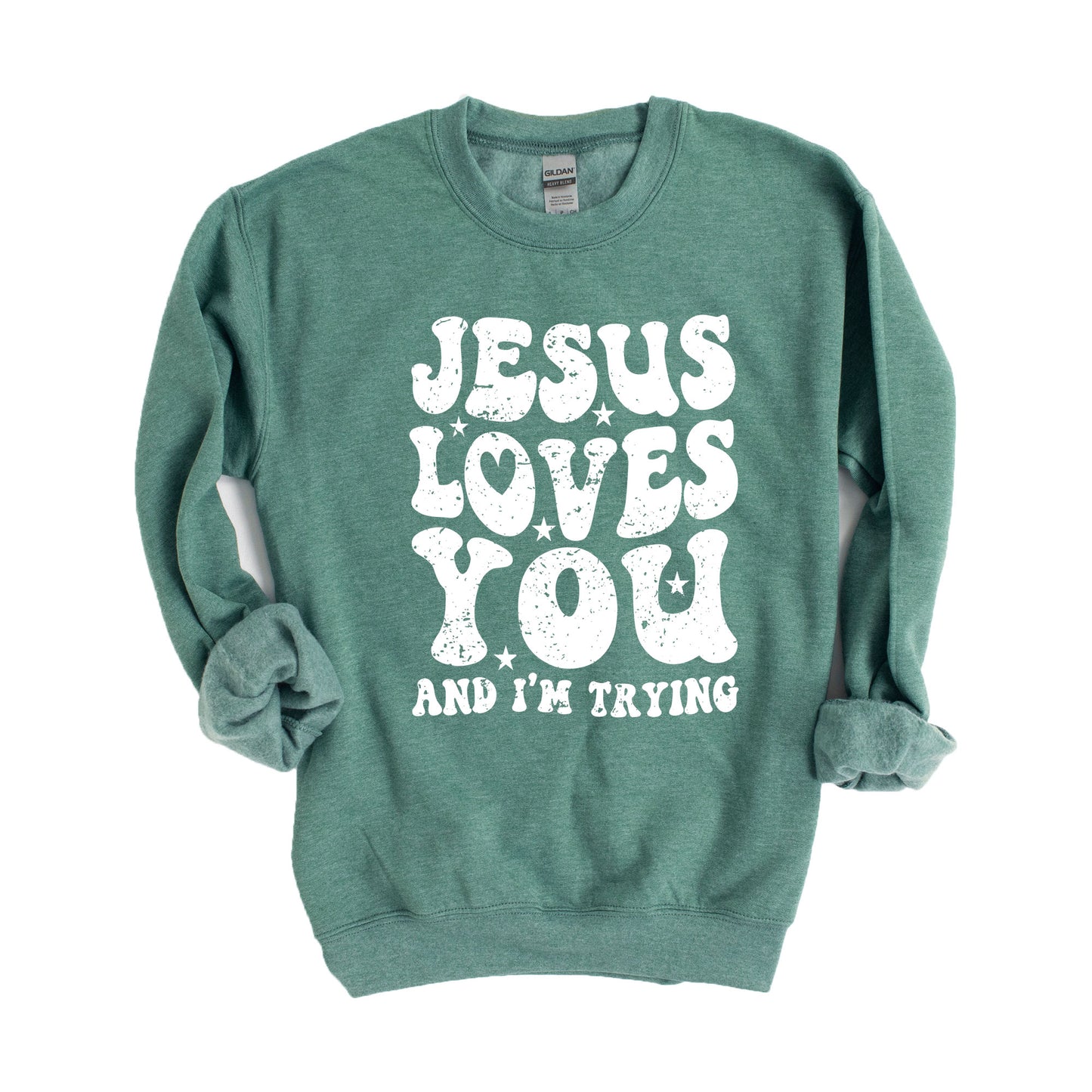 Jesus Loves I'm Trying Wavy | Sweatshirt