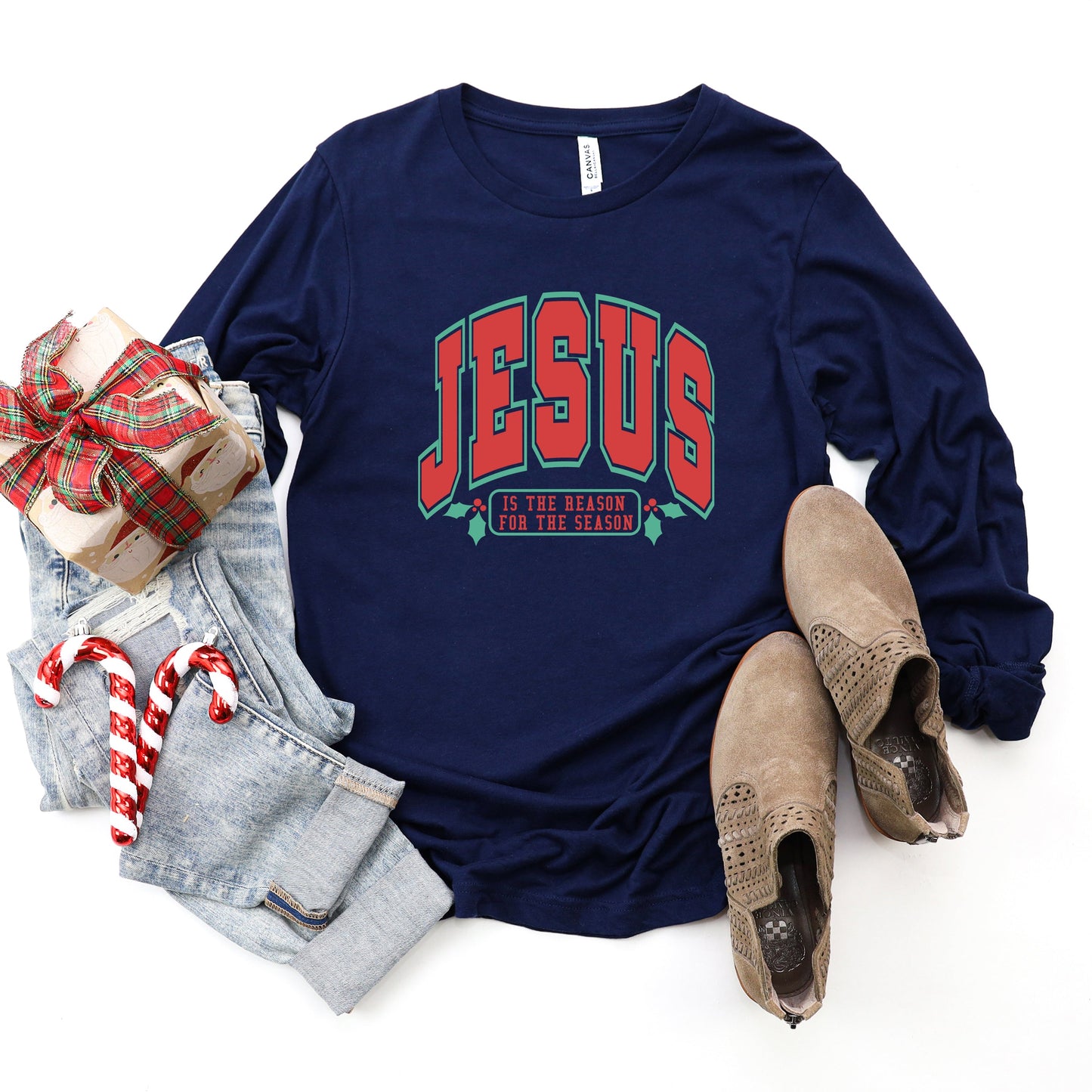 Red and Green Jesus Is The Reason | Long Sleeve Crew Neck