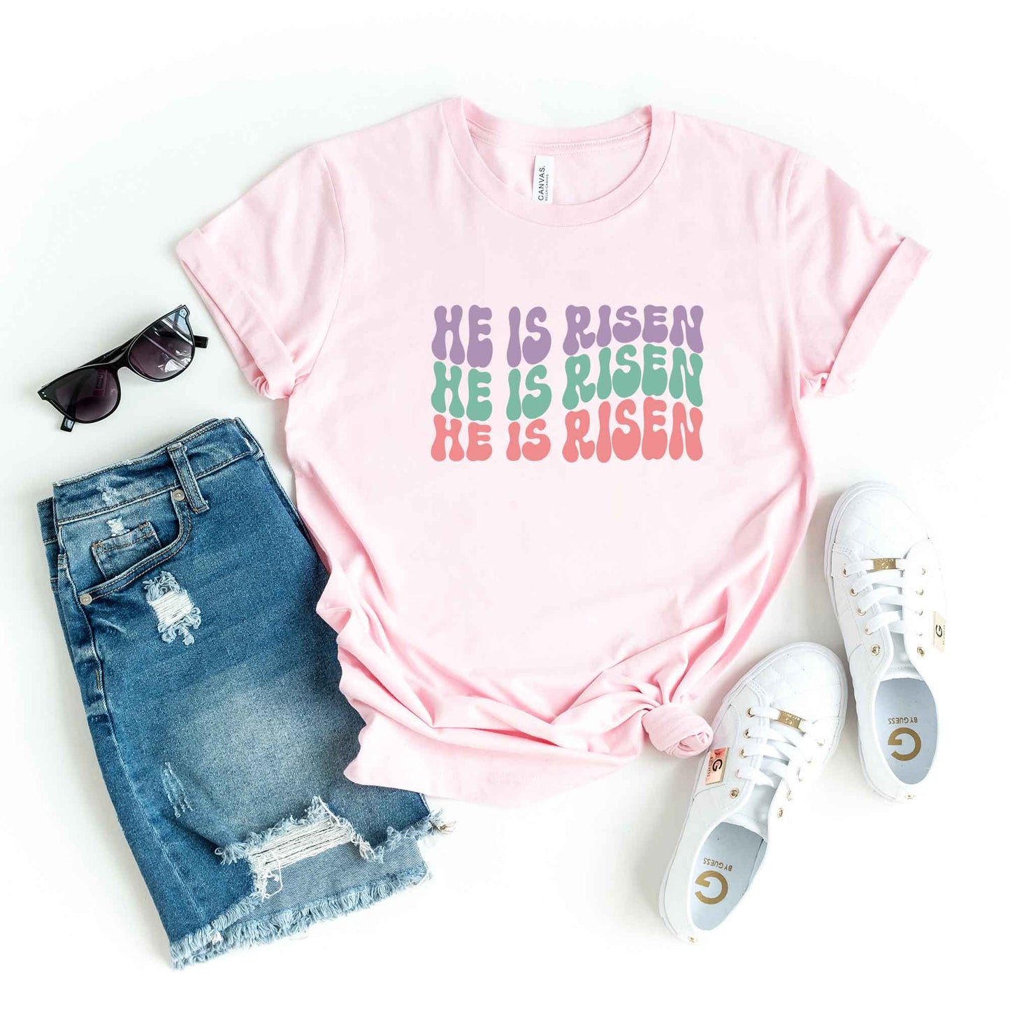 He Is Risen Stacked Wavy Colorful | Short Sleeve Crew Neck