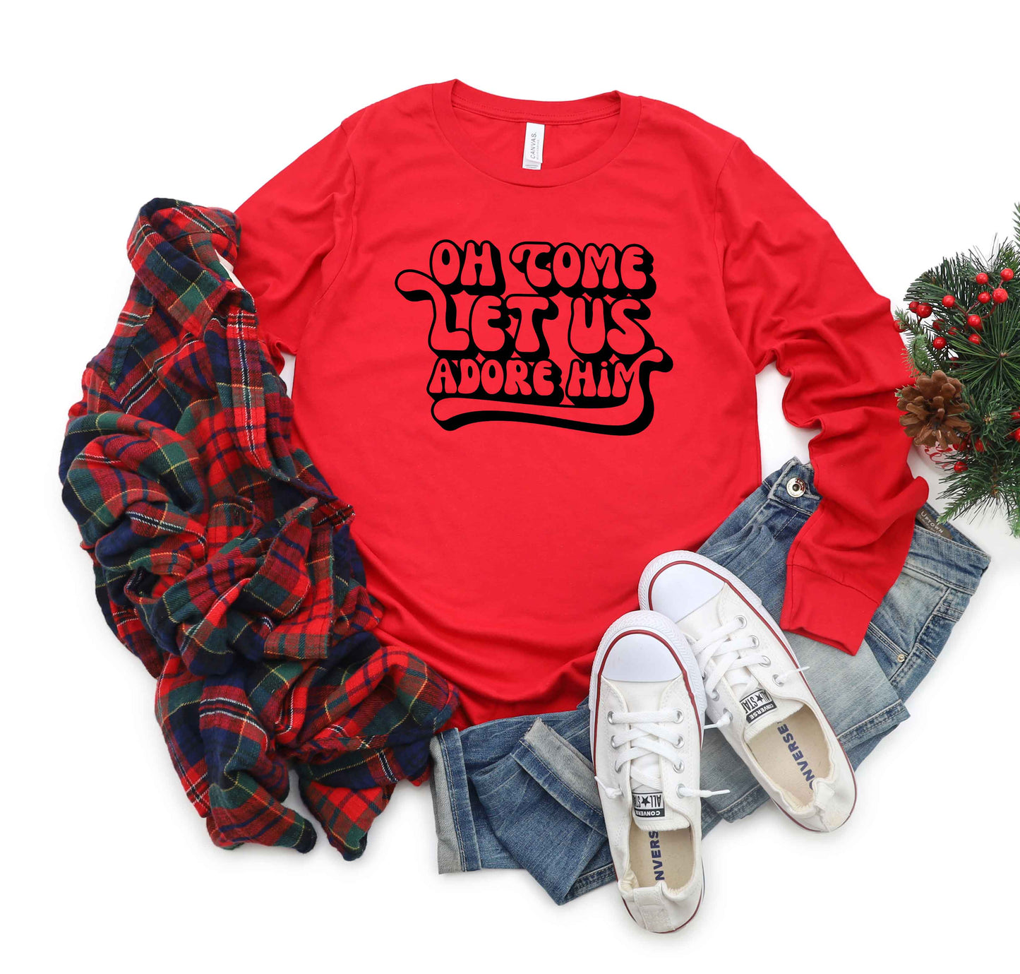 Oh Come Let Us Adore Him Retro | Long Sleeve Crew Neck