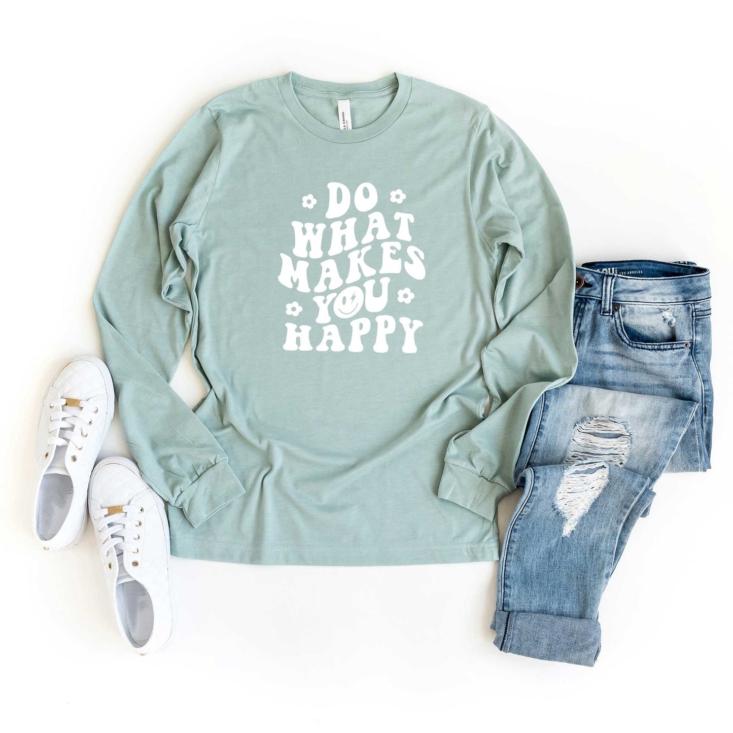 Makes You Happy Smiley Face | Long Sleeve Crew Neck