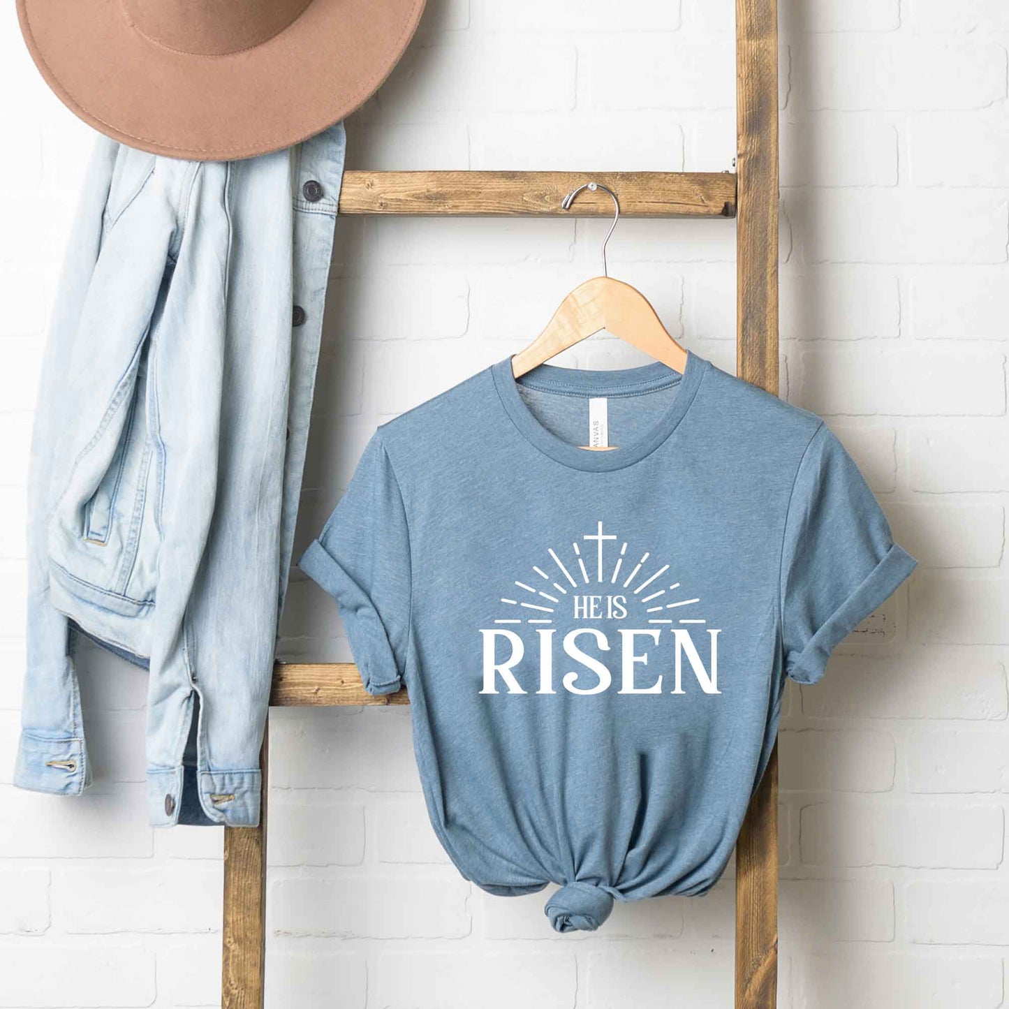 He Is Risen Cross In Sun Ray | Short Sleeve Crew Neck