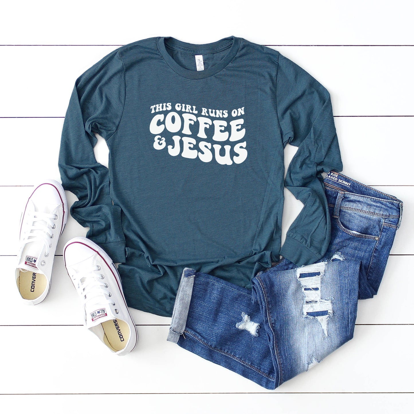 This Girl Runs On Coffee And Jesus | Long Sleeve Crew Neck