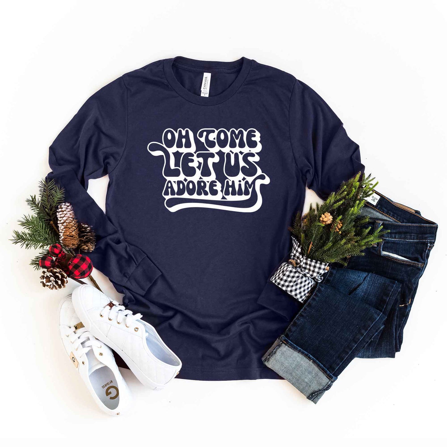 Oh Come Let Us Adore Him Retro | Long Sleeve Crew Neck