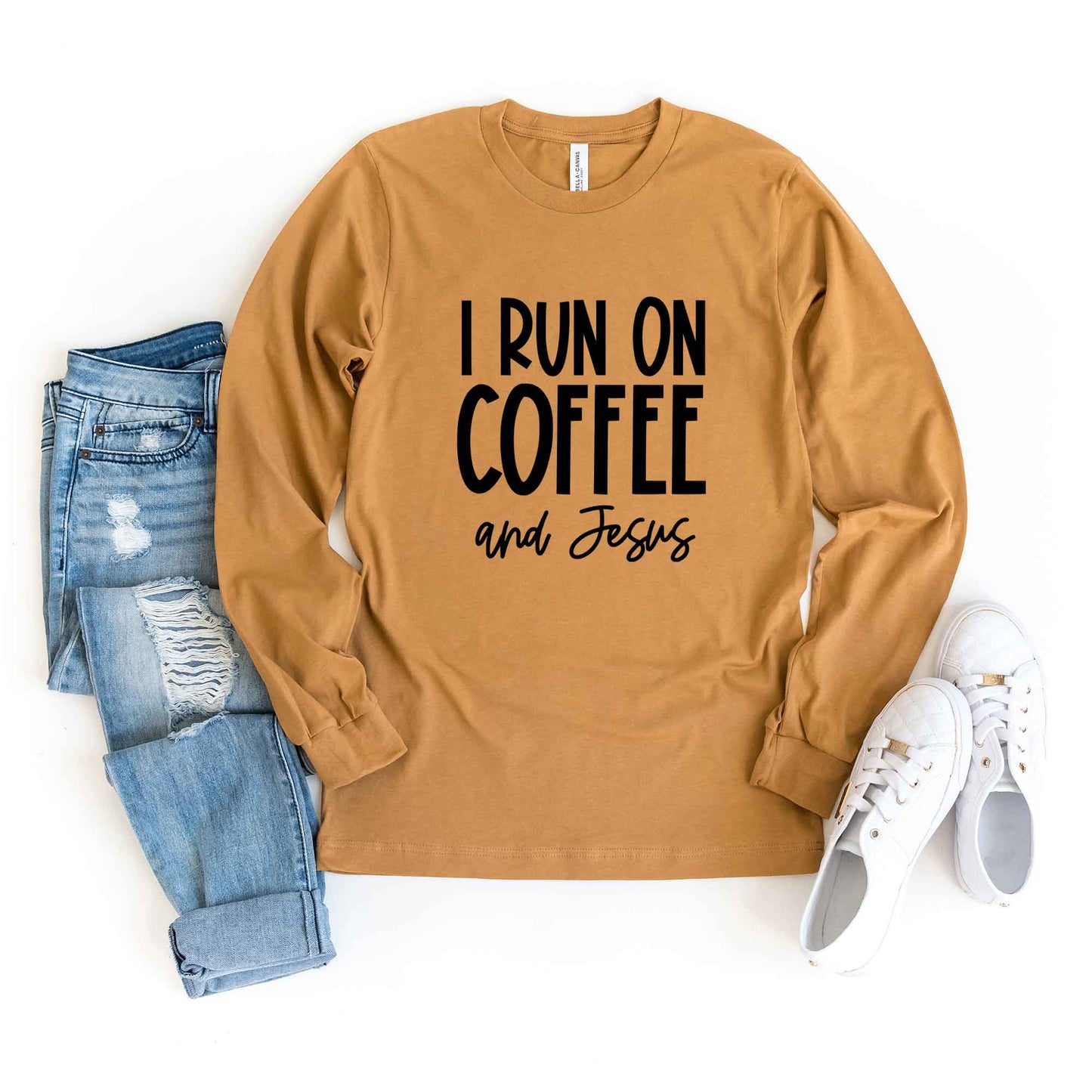 I Run On Coffee And Jesus | Long Sleeve Crew Neck