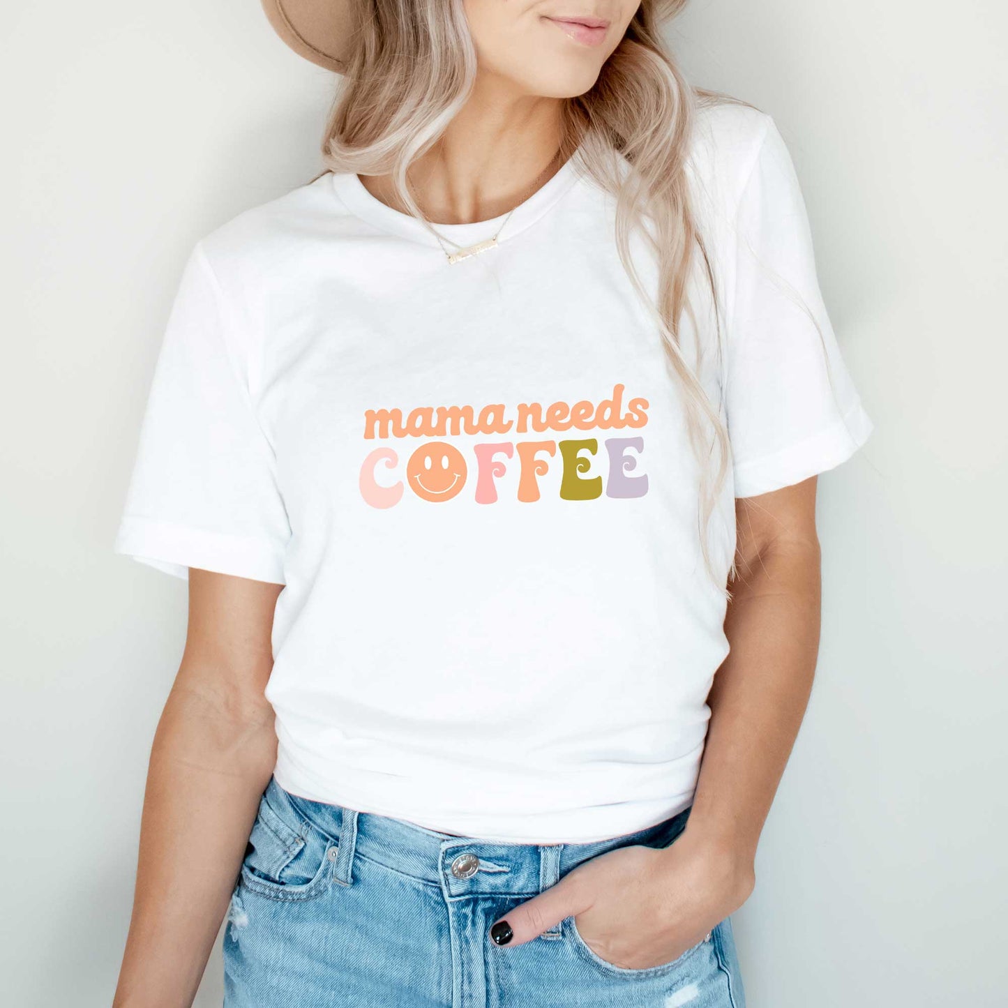 Mama Needs Coffee Smiley Face | Short Sleeve Crew Neck