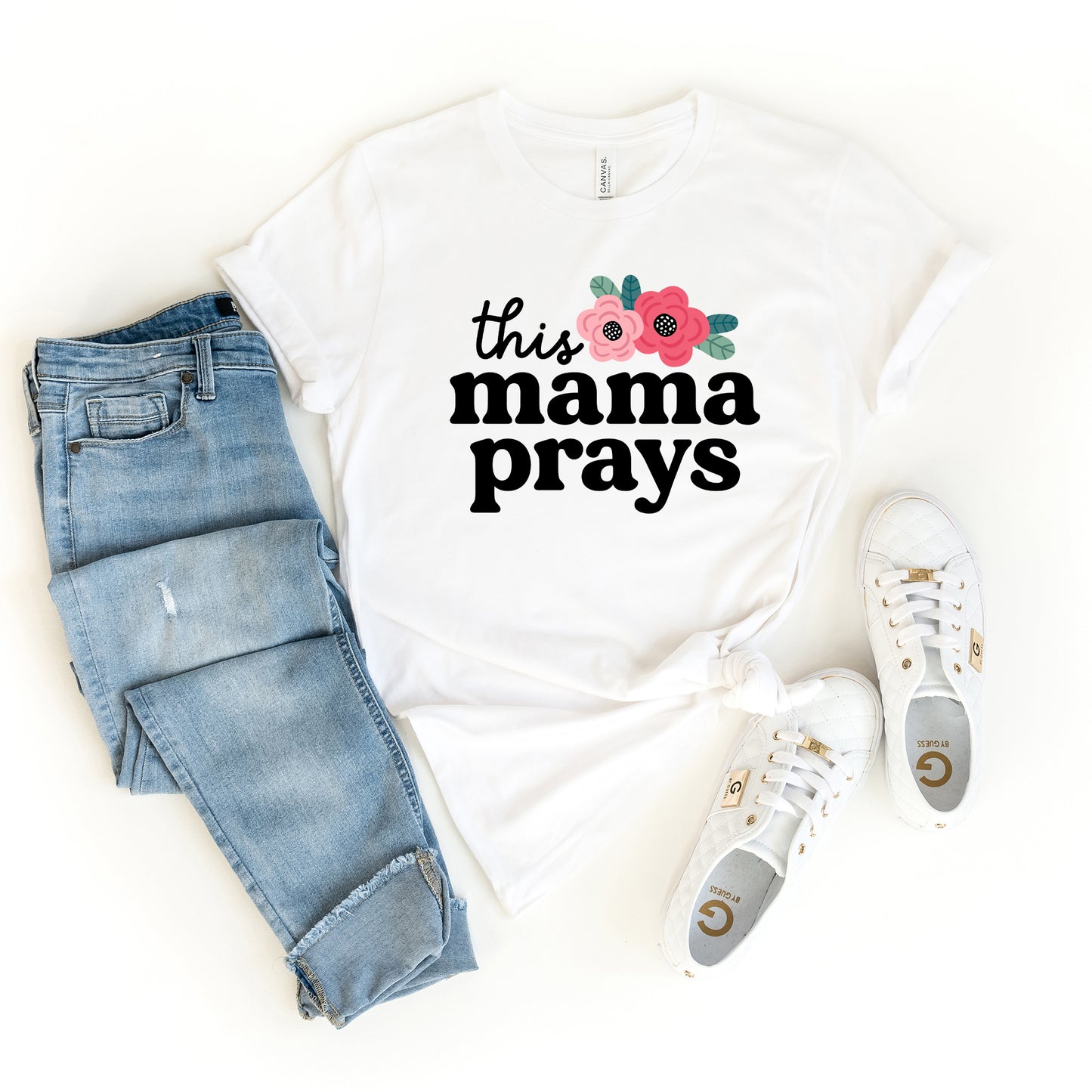 This Mama Prays Flowers | Short Sleeve Crew Neck
