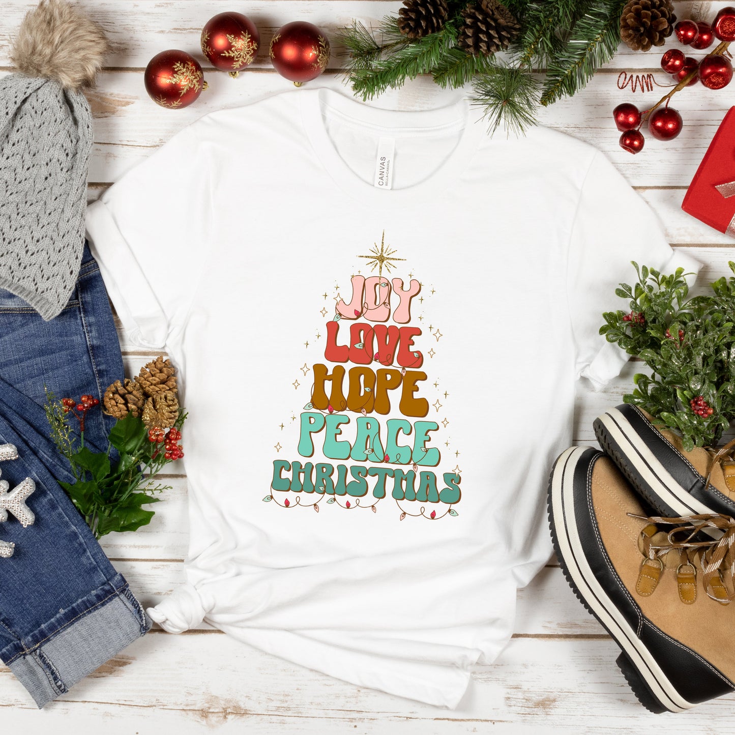Joy Love Hope Peace Christmas Tree | Short Sleeve Crew Neck