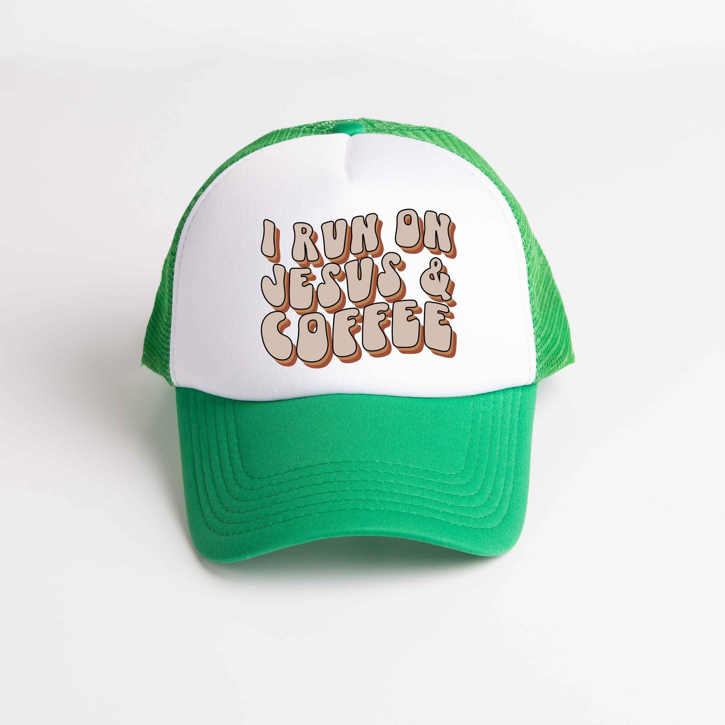I Run On Jesus And Coffee Retro | Foam Trucker Hat