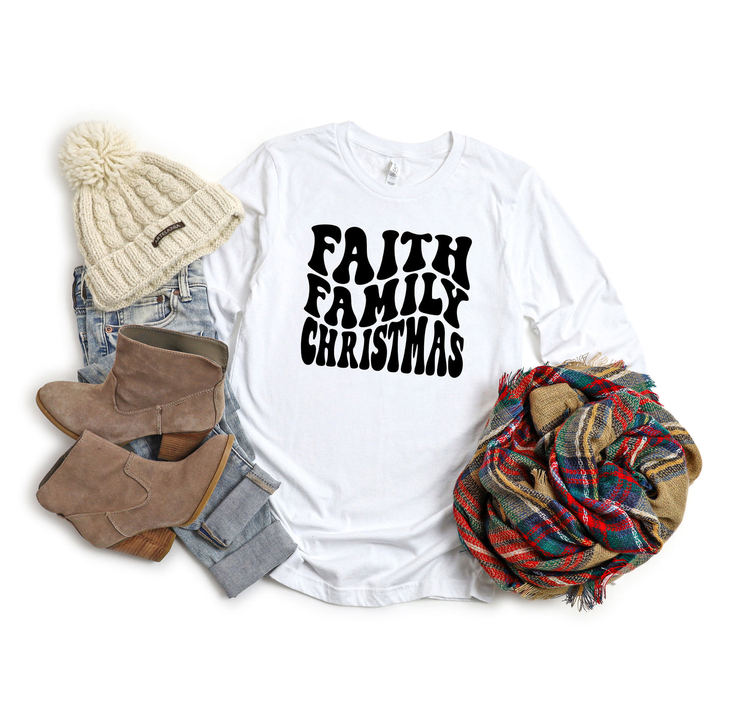 Faith Family Christmas Wavy | Long Sleeve Crew Neck