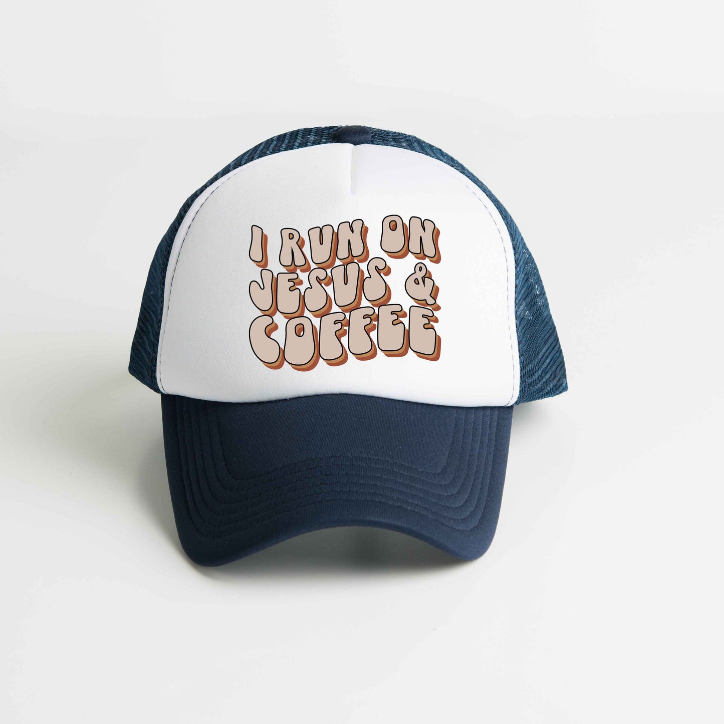 I Run On Jesus And Coffee Retro | Foam Trucker Hat